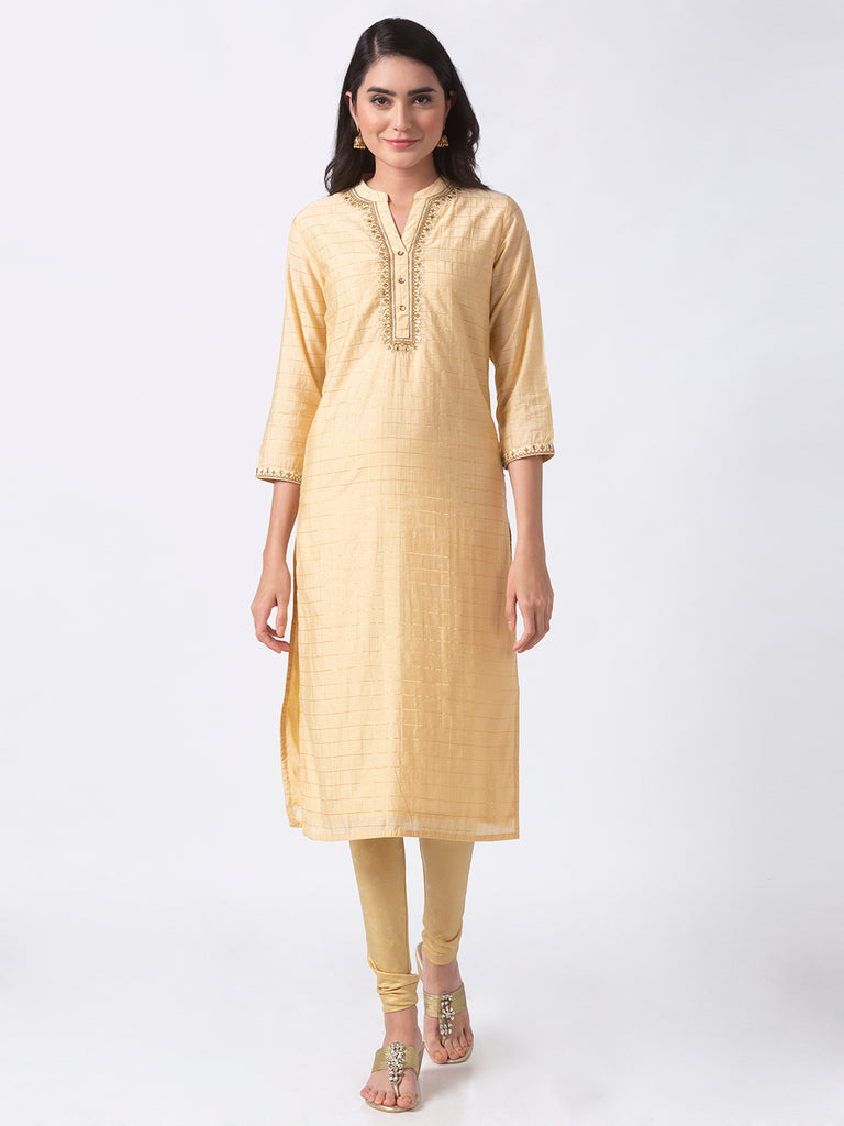 Festive Women Straight Three-Fourth Beige Kurta
