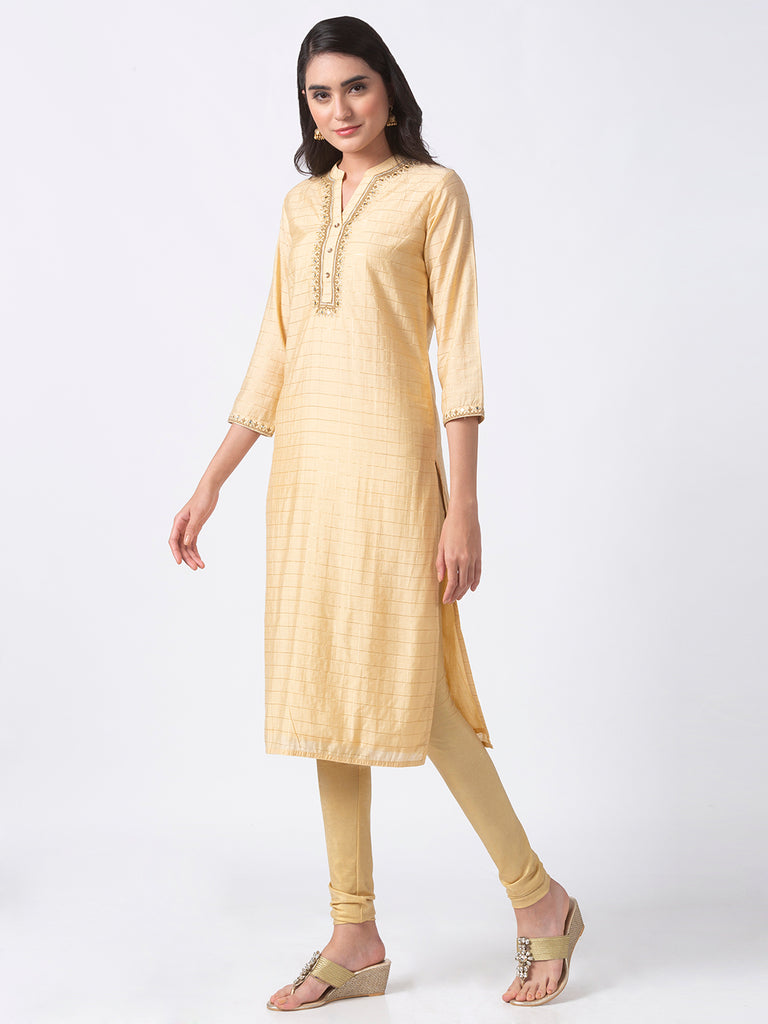 Festive Women Straight Three-Fourth Beige Kurta