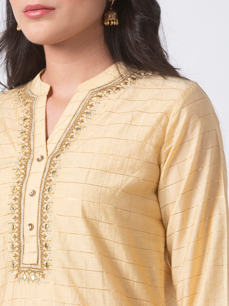 Festive Women Straight Three-Fourth Beige Kurta