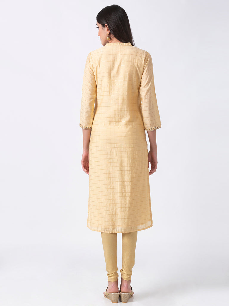 Festive Women Straight Three-Fourth Beige Kurta