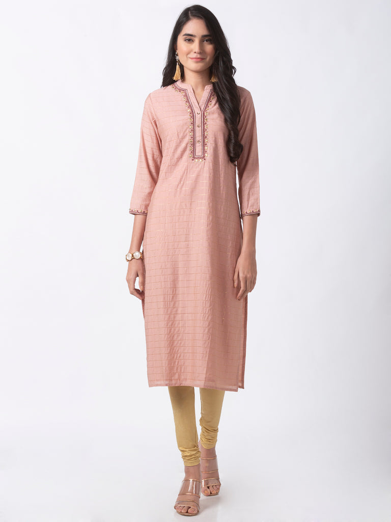 Festive Women Straight Three-Fourth Pink Kurta