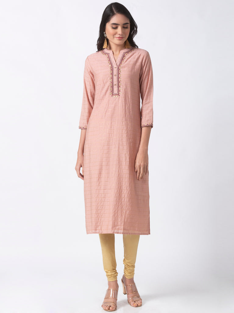 Festive Women Straight Three-Fourth Pink Kurta
