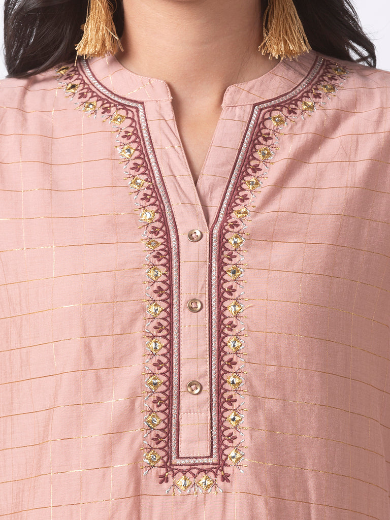 Festive Women Straight Three-Fourth Pink Kurta