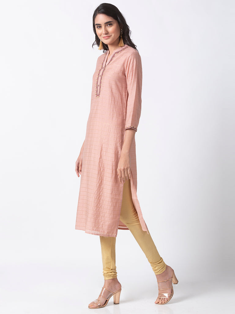 Festive Women Straight Three-Fourth Pink Kurta