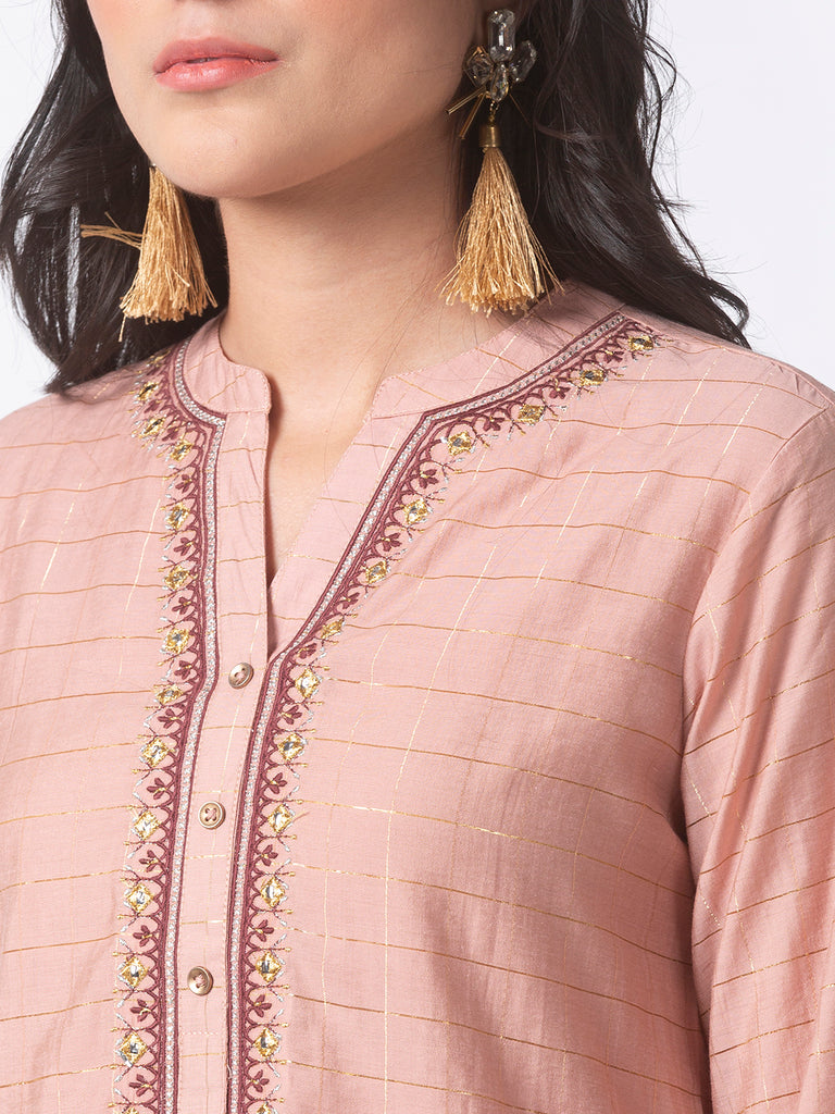 Festive Women Straight Three-Fourth Pink Kurta