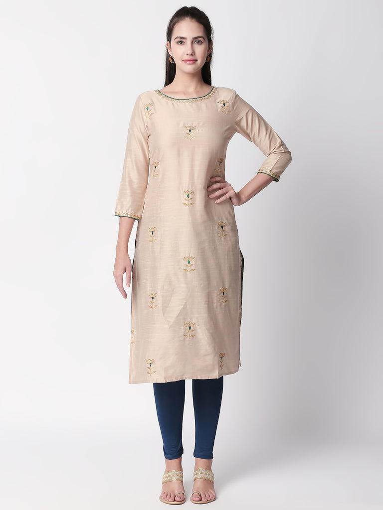 Women Straight Three-Fourth Beige Kurta