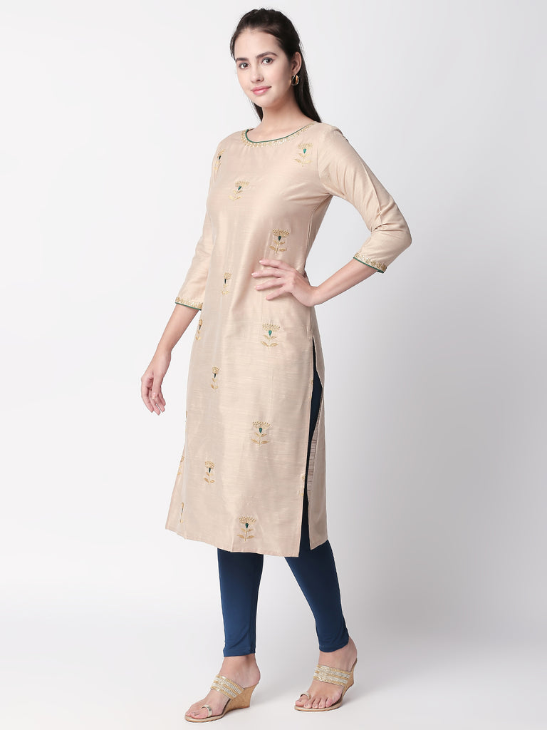 Women Straight Three-Fourth Beige Kurta