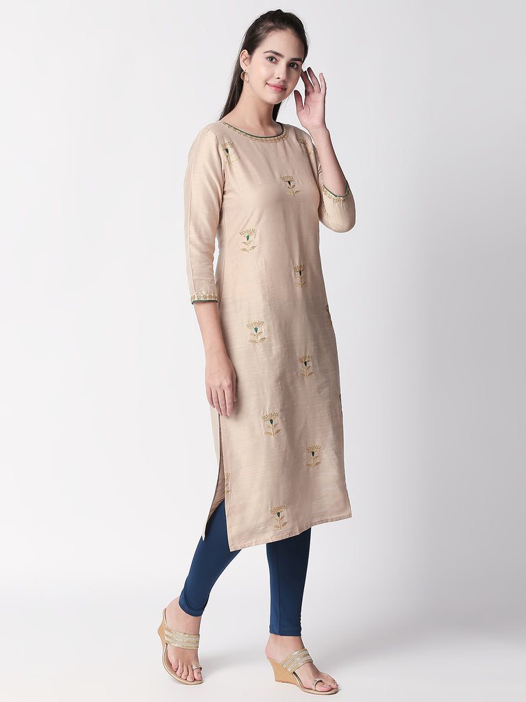 Women Straight Three-Fourth Beige Kurta
