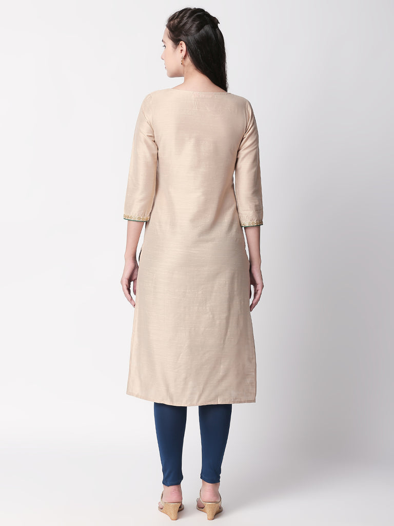 Women Straight Three-Fourth Beige Kurta