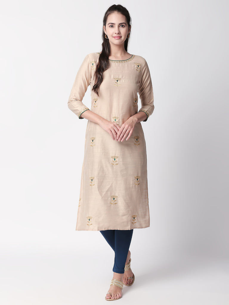 Women Straight Three-Fourth Beige Kurta