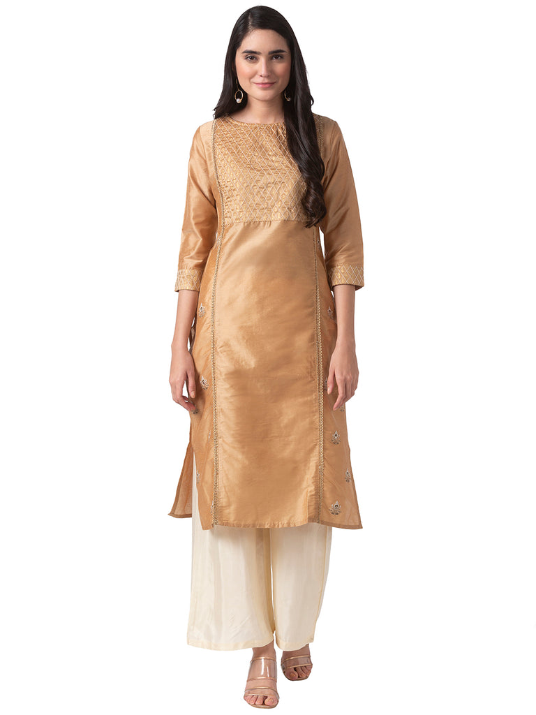 Women Straight Three-Fourth Beige Kurta