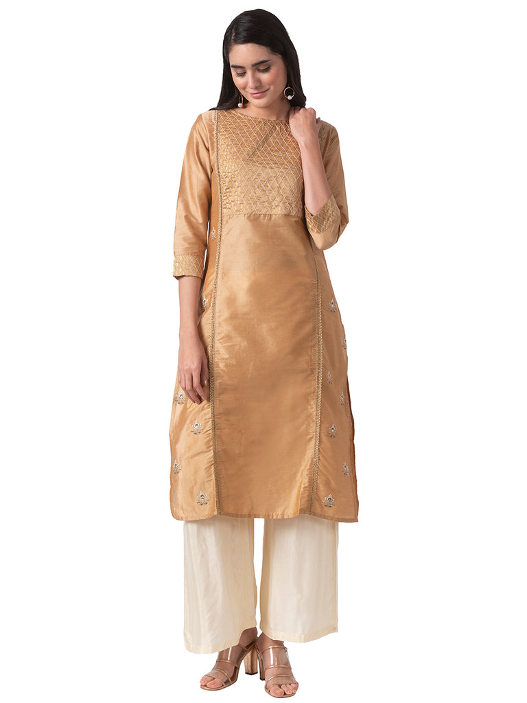 Women Straight Three-Fourth Beige Kurta