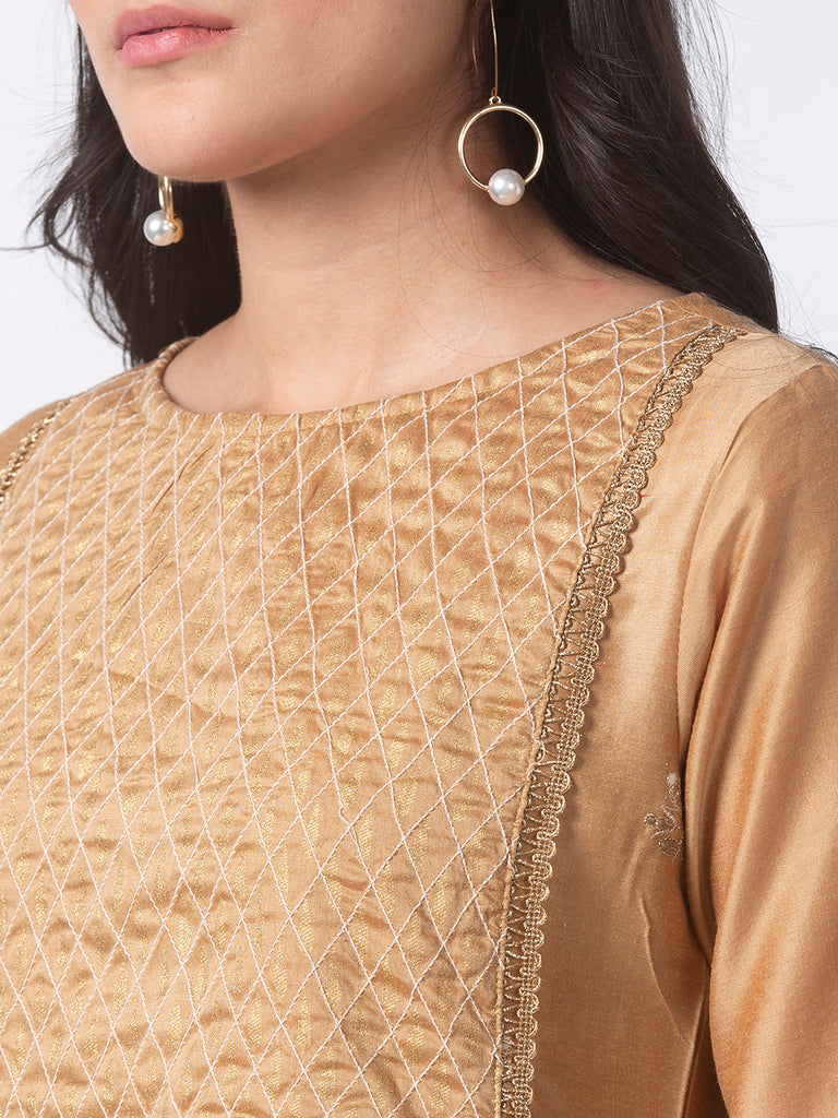 Women Straight Three-Fourth Beige Kurta