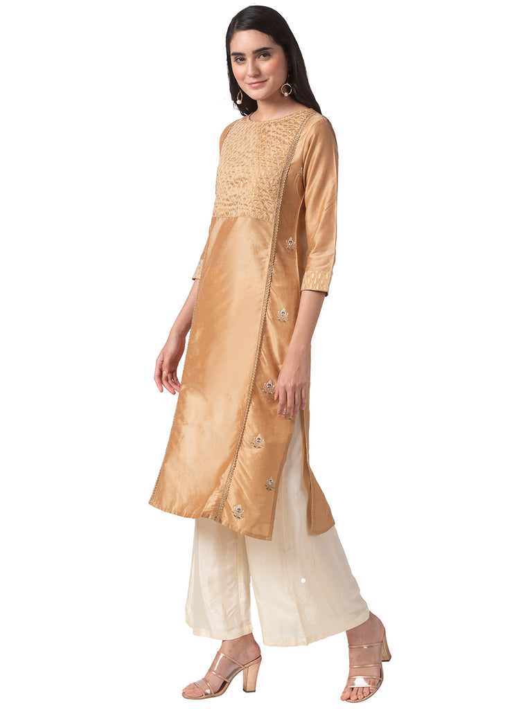 Women Straight Three-Fourth Beige Kurta