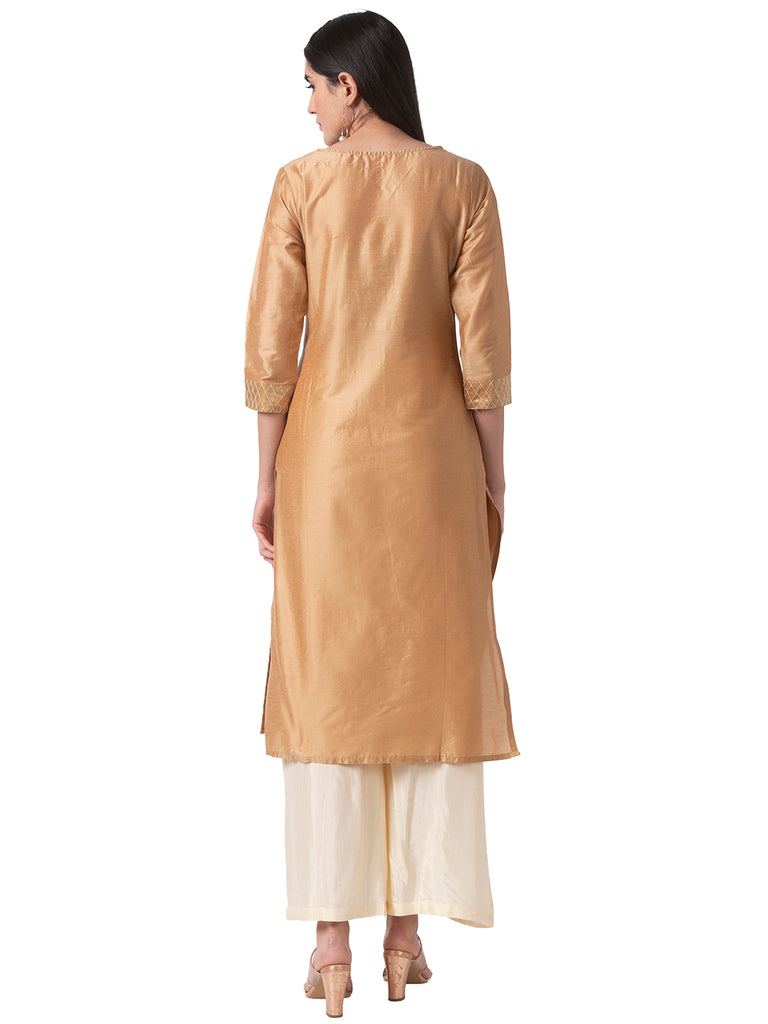 Women Straight Three-Fourth Beige Kurta