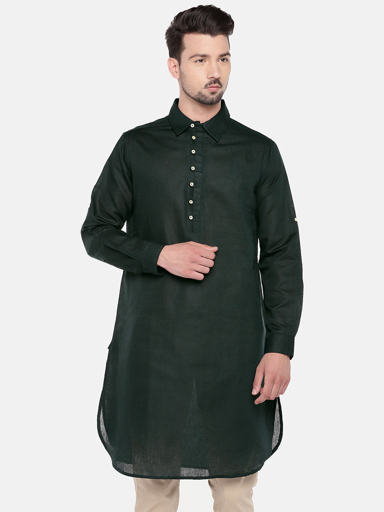 Men Straight Full Sleeve Bottle Green Kurta