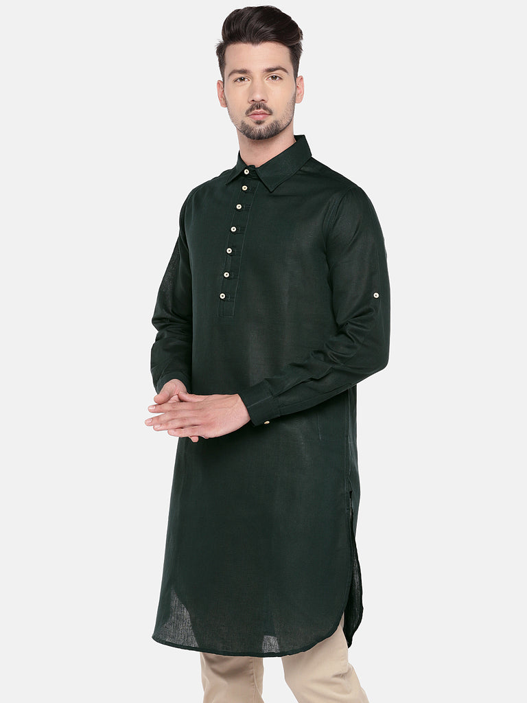 Men Straight Full Sleeve Bottle Green Kurta