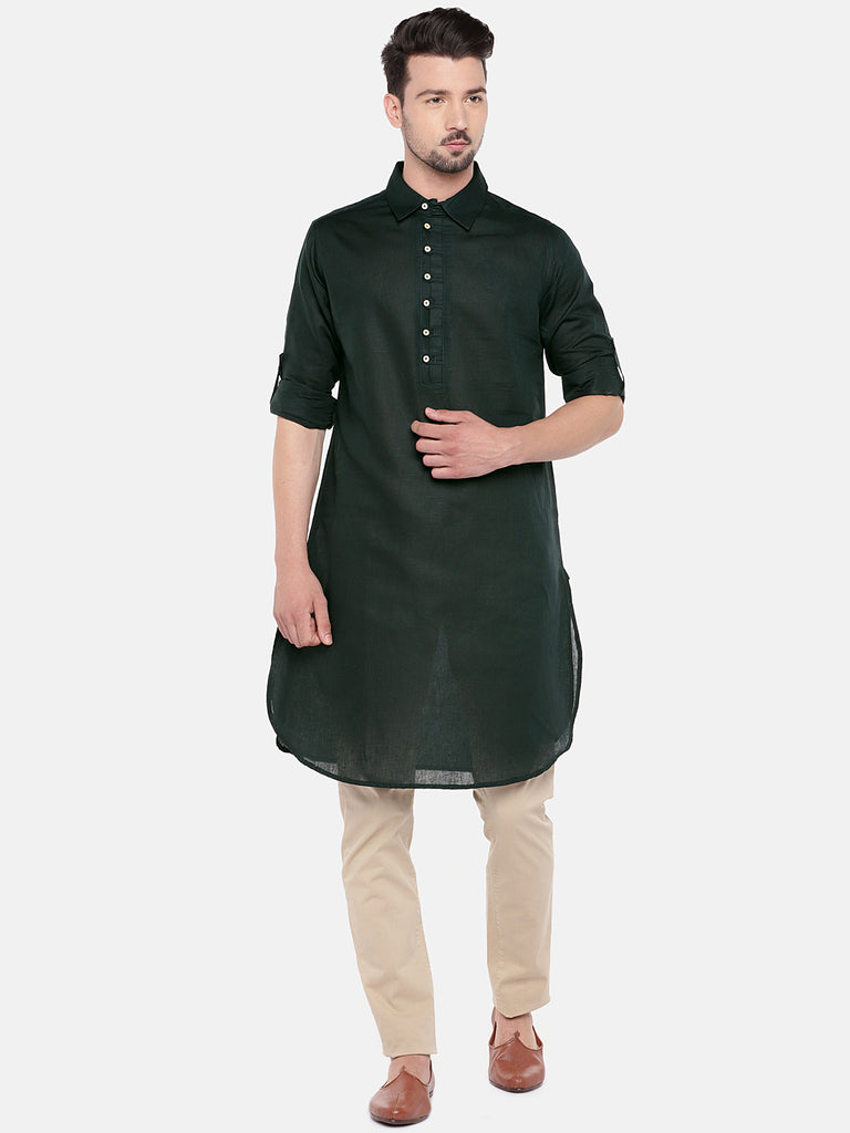Men Straight Full Sleeve Bottle Green Kurta