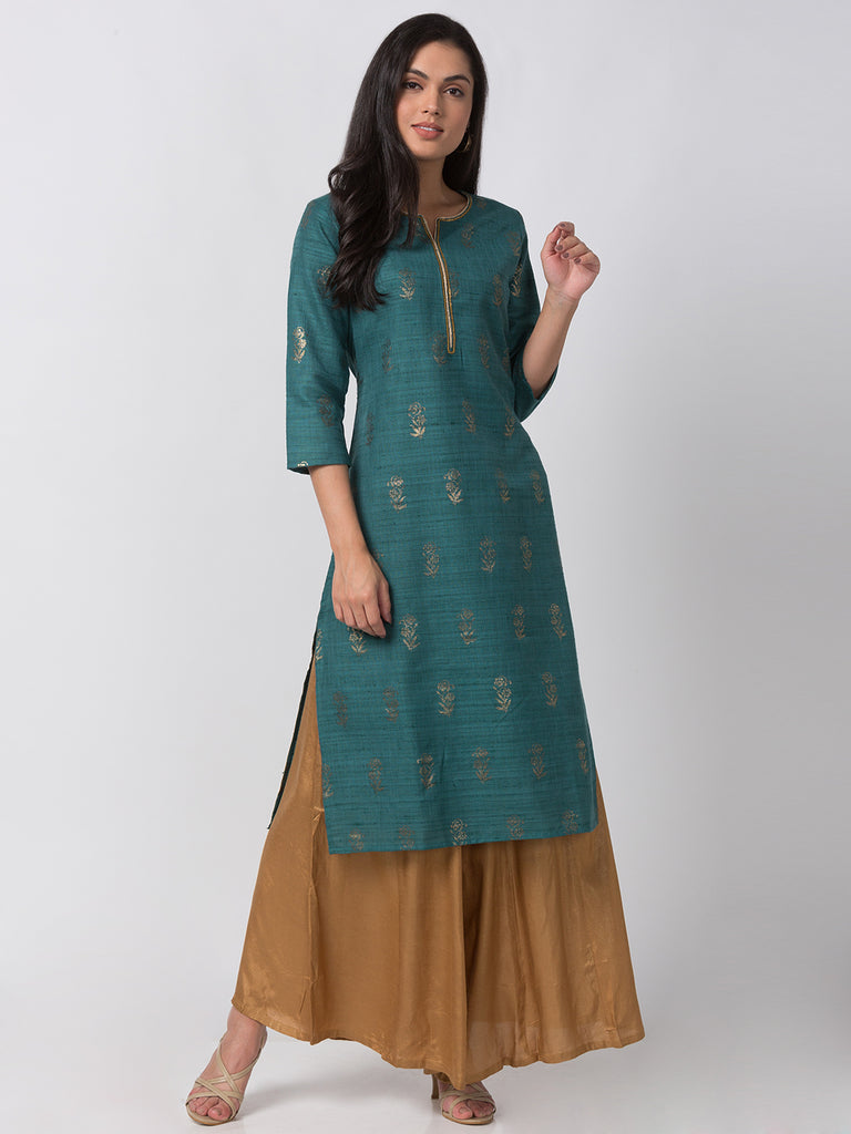 Women Straight Three-Fourth Green Kurta