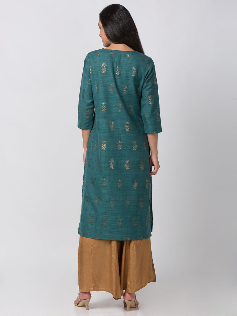 Women Straight Three-Fourth Green Kurta