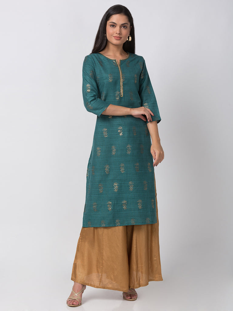 Women Straight Three-Fourth Green Kurta