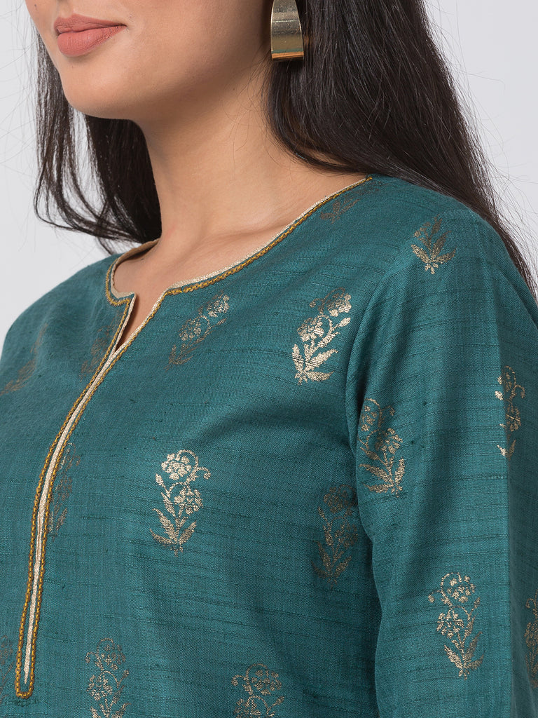 Women Straight Three-Fourth Green Kurta