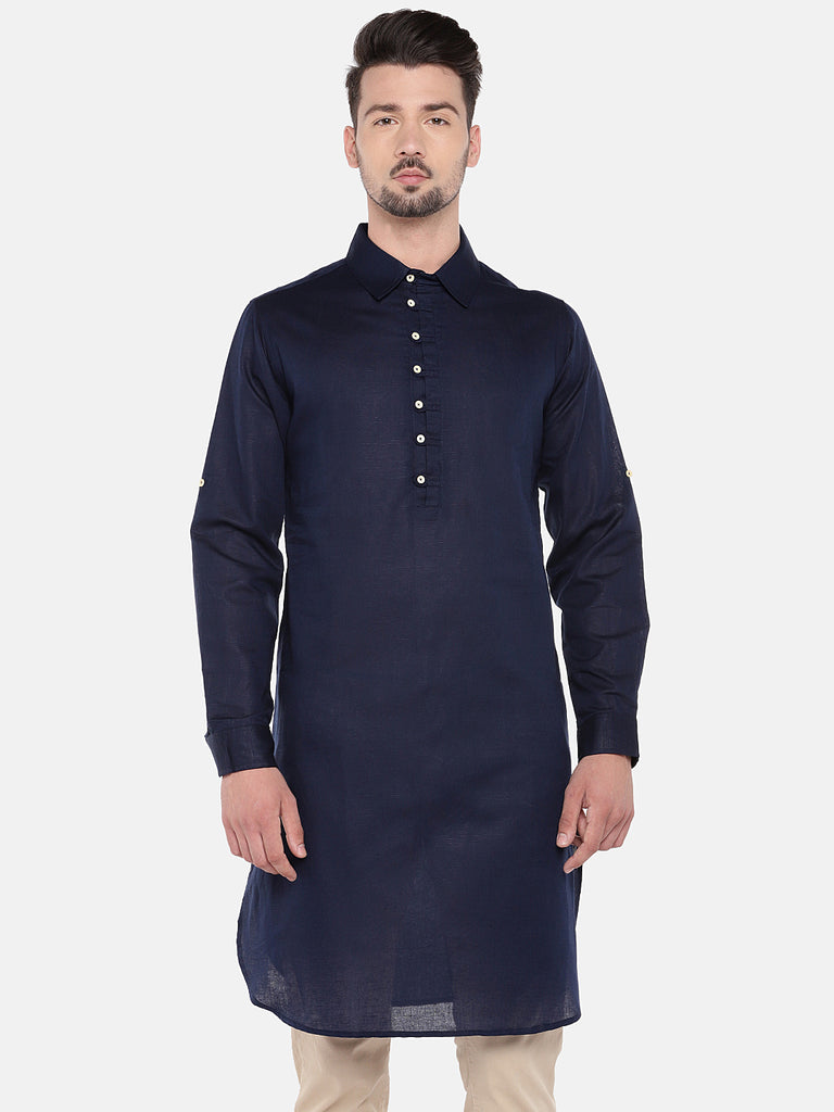 Men Straight Full Sleeve Navy Kurta