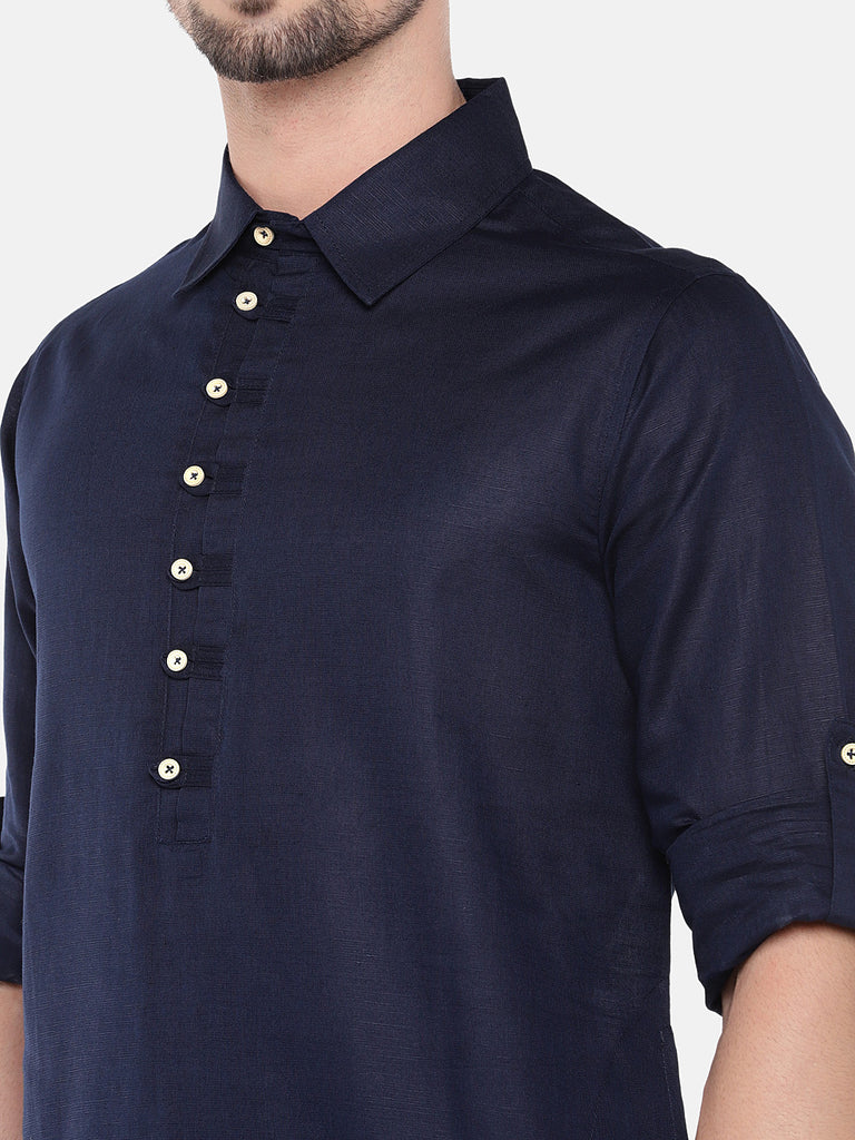 Men Straight Full Sleeve Navy Kurta