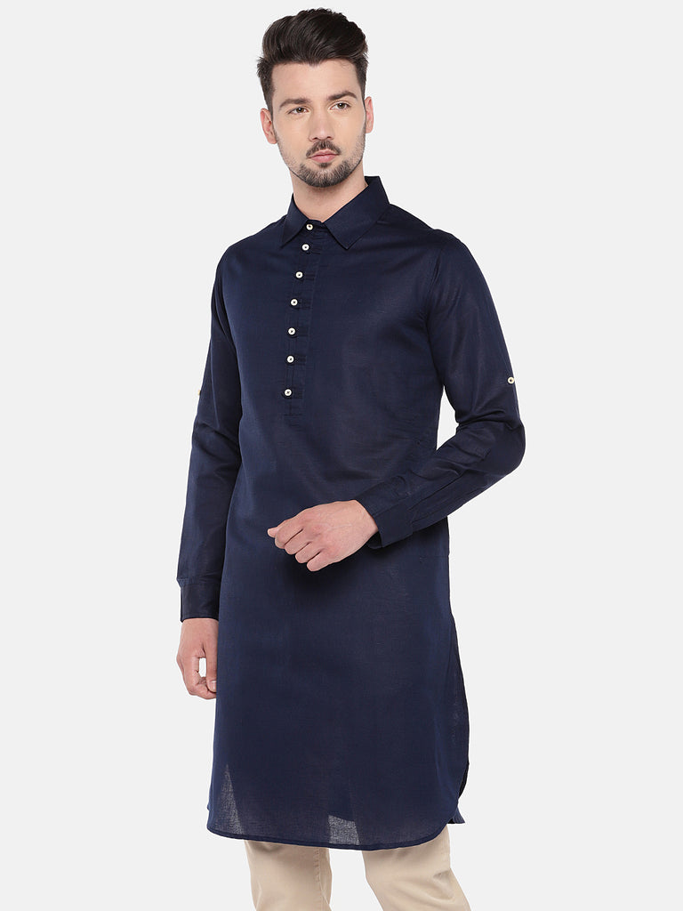 Men Straight Full Sleeve Navy Kurta