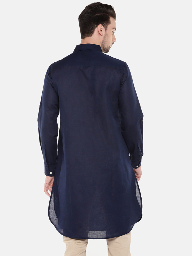 Men Straight Full Sleeve Navy Kurta