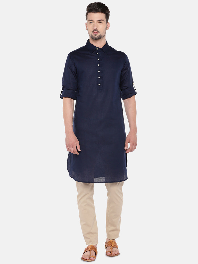 Men Straight Full Sleeve Navy Kurta