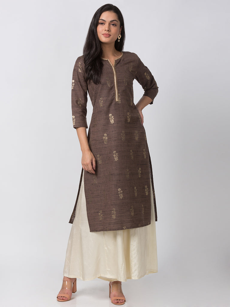 Women Straight Three-Fourth Brown Kurta