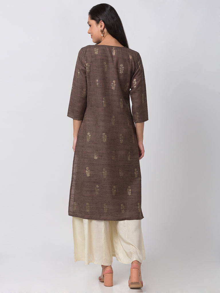 Women Straight Three-Fourth Brown Kurta
