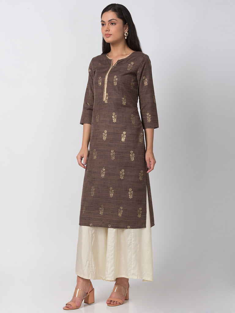 Women Straight Three-Fourth Brown Kurta