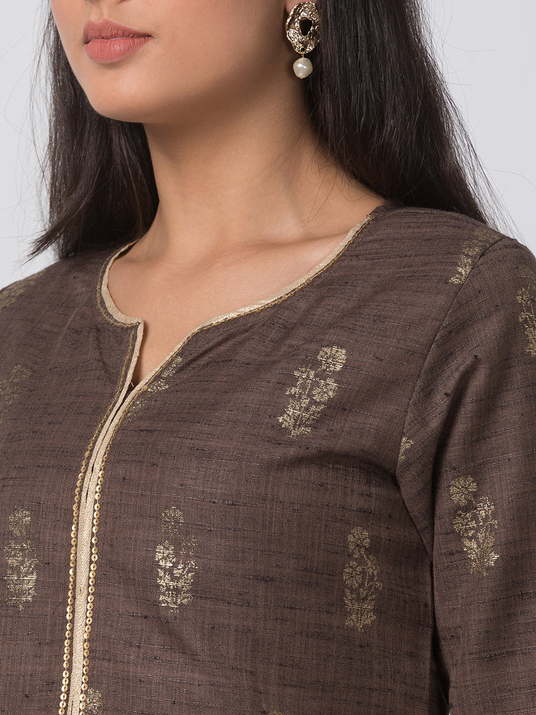 Women Straight Three-Fourth Brown Kurta