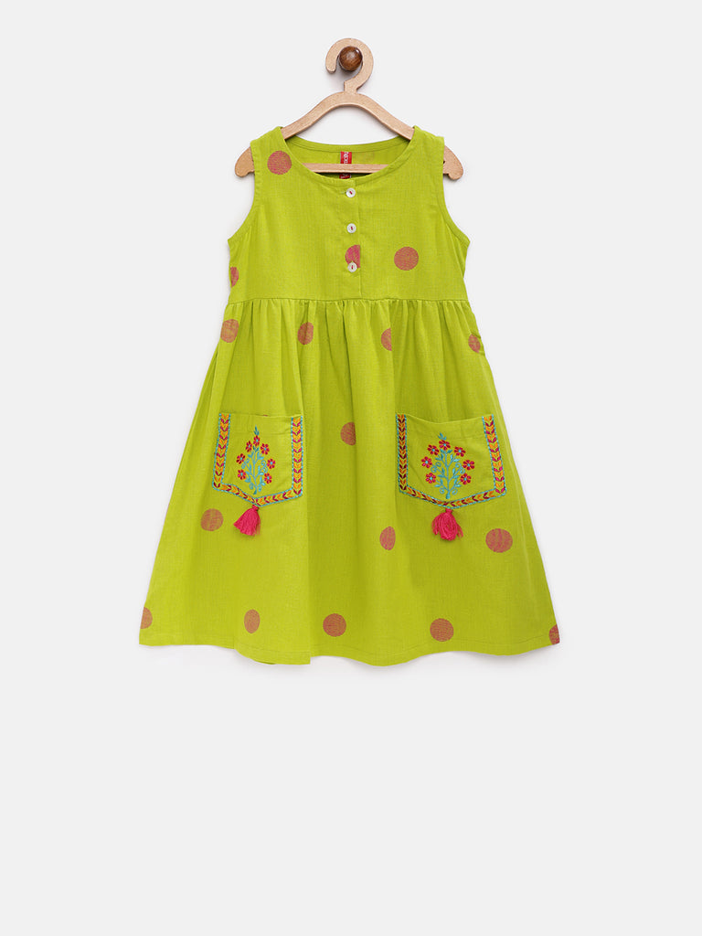 Kids Girls Flared Sleeveless Green Dress