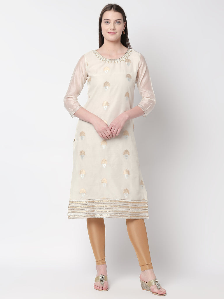 Women Straight Three-Fourth White Kurta