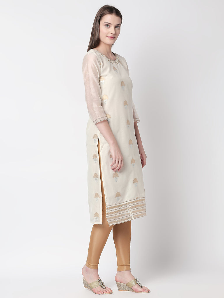 Women Straight Three-Fourth White Kurta