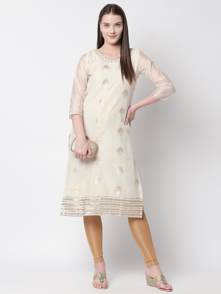 Women Straight Three-Fourth White Kurta