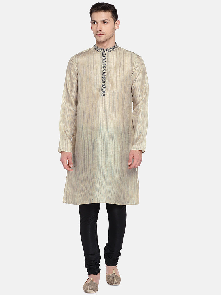 Men Straight Full Sleeve Beige Kurta