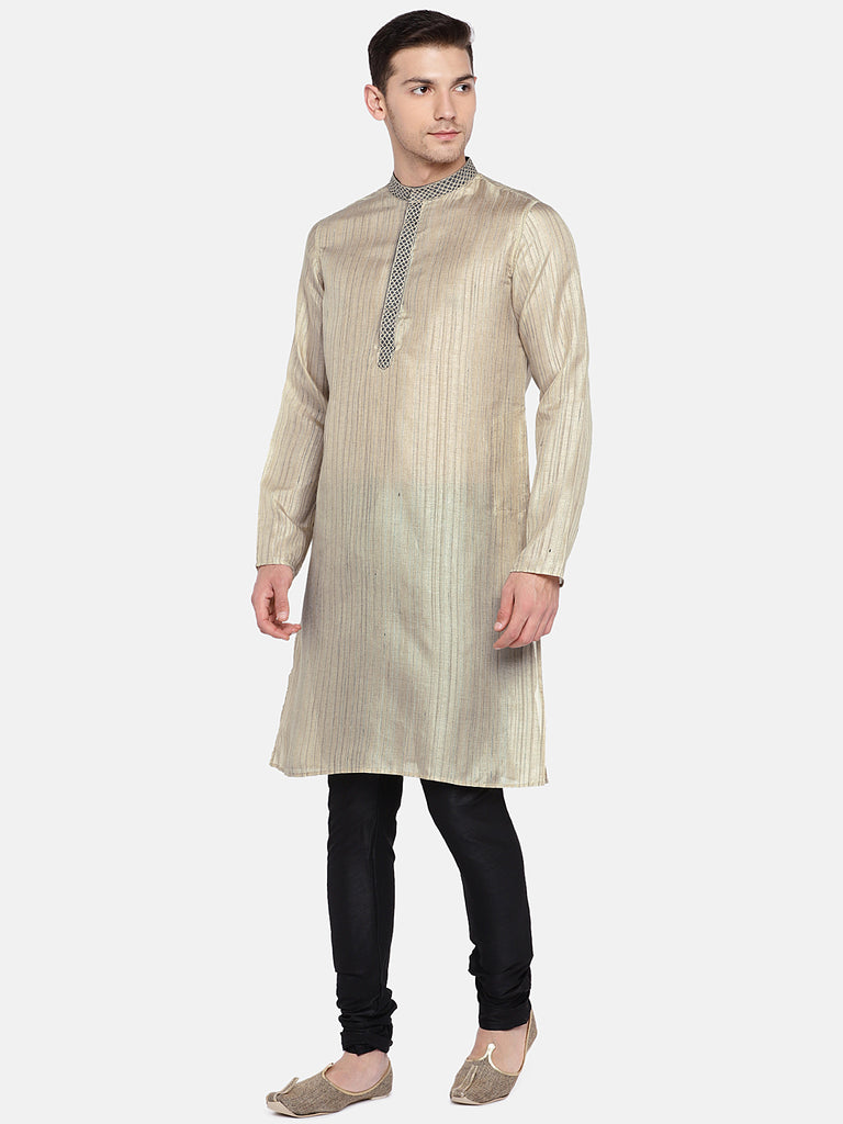 Men Straight Full Sleeve Beige Kurta