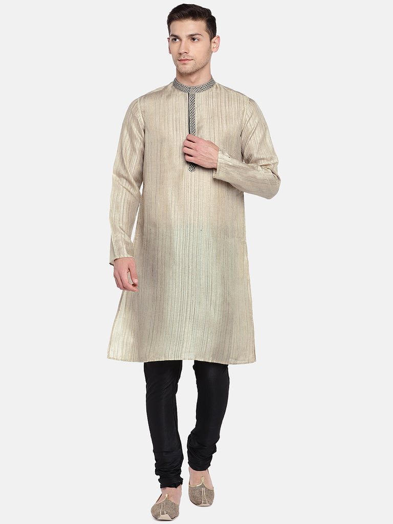 Men Straight Full Sleeve Beige Kurta