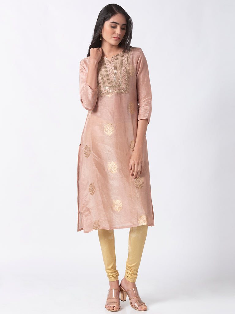 Women Straight Three-Fourth Pink Kurta