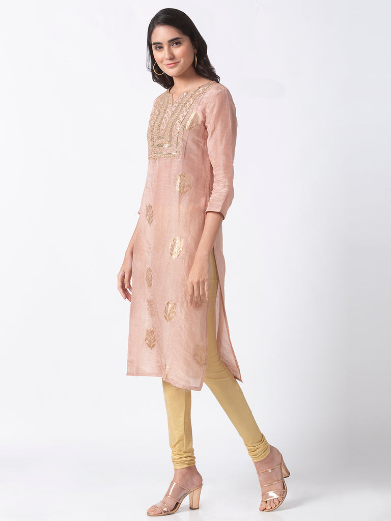 Women Straight Three-Fourth Pink Kurta