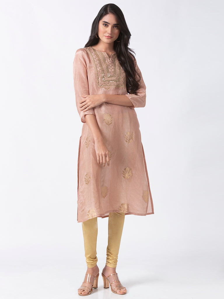 Women Straight Three-Fourth Pink Kurta
