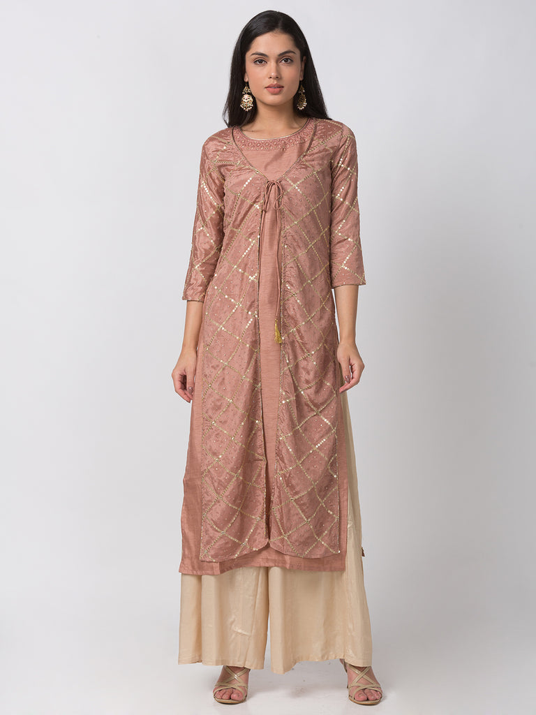 Women A Line Three-Fourth Pink Kurta