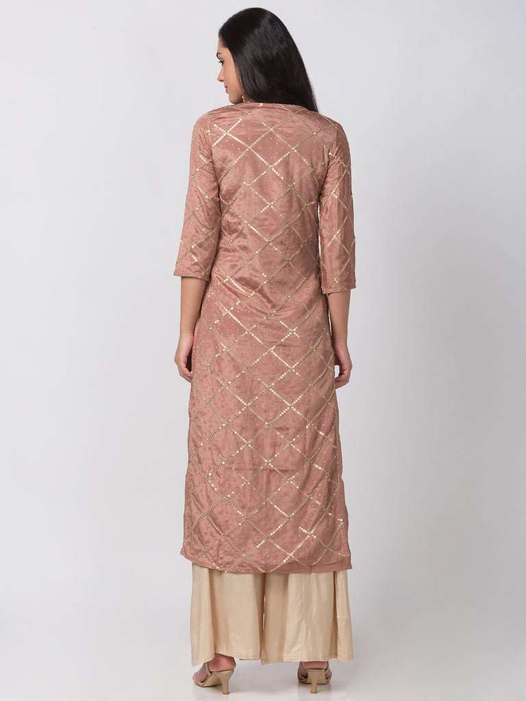 Women A Line Three-Fourth Pink Kurta