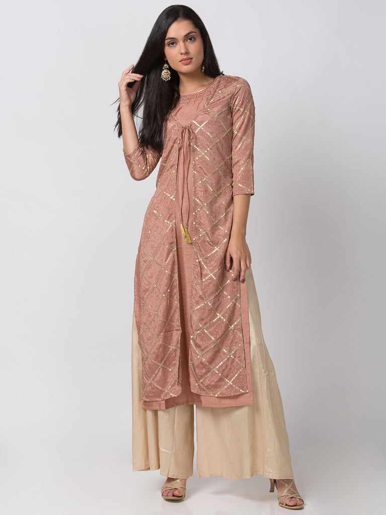 Women A Line Three-Fourth Pink Kurta
