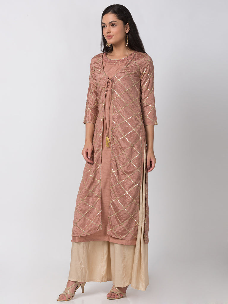Women A Line Three-Fourth Pink Kurta