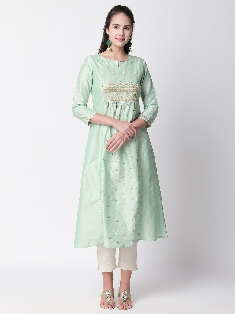 Festive Women A Line Three-Fourth Sap Green Kurta